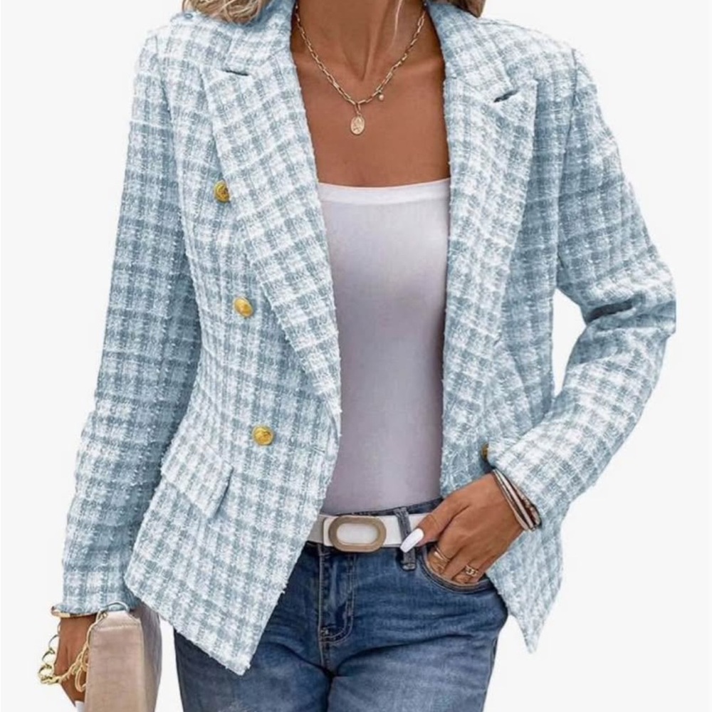Chic Blue Tweed Blazer with Gold Accents